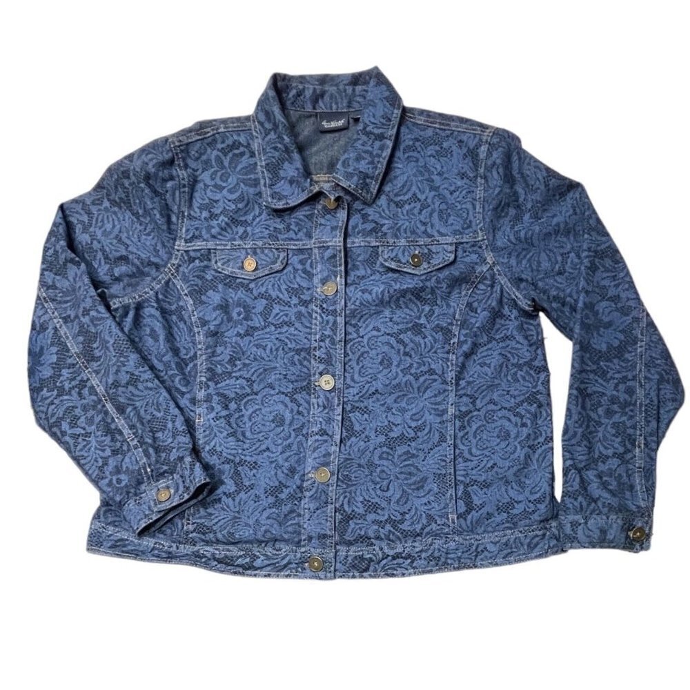 GLORIA‎ VANDERBILT CASUALS Lace Motif Jean Jacket Women's XL Blue Button Up